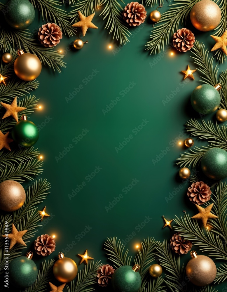 Poster dark green christmas backdrop with golden, emerald decorations. festive ornaments, pine branches cre