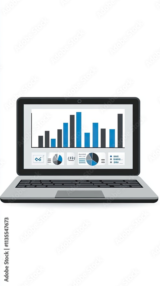 Poster laptop displaying business data charts and graphs