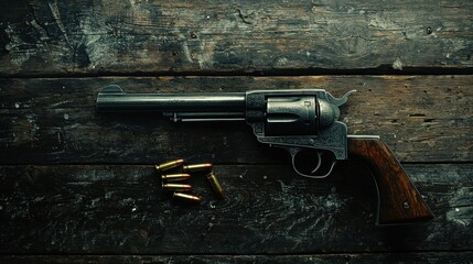Ornate Revolver and Ammunition Rest on Dark Wood
