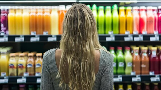 Woman selecting beverages in a grocery store during the afternoon, showcasing a variety of colorful juice bottles