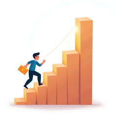 Dynamic illustration of a businessman climbing a growth bar chart representing success and progress, digital art of business growth concept.