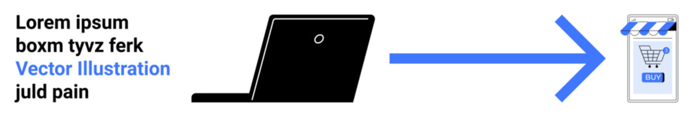 Black laptop on left connecting via arrow to digital store page with shopping cart icon. Ideal for e-commerce, online transactions, digital marketing, virtual retail, web design, business strategies