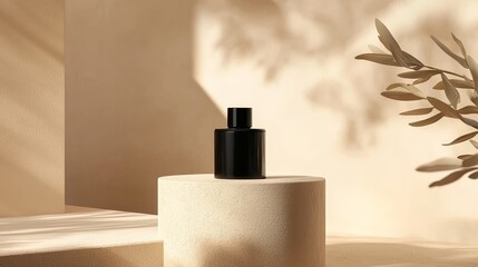 Minimalist black perfume bottle mockup on beige background