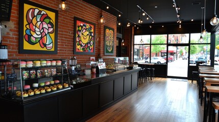 Indulging in vibrant bakery delights urban interior design artful cozy atmosphere wide-angle view concept