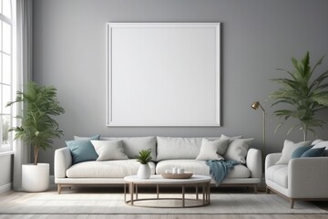 Coastal style living room interior, room in Dove Gray colors, blank white poster frame