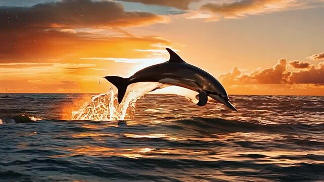 A dolphin leaping out of the ocean at sunset, splashing water