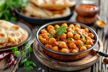 Fototapeta premium Authentic Indian Chole Curry with Chickpeas and Fresh Herbs Served in a Traditional Dish Accompanied by Warm Bread and Spicy Sauce