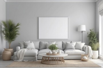 Coastal style living room interior, room in Dove Gray colors, blank white poster frame