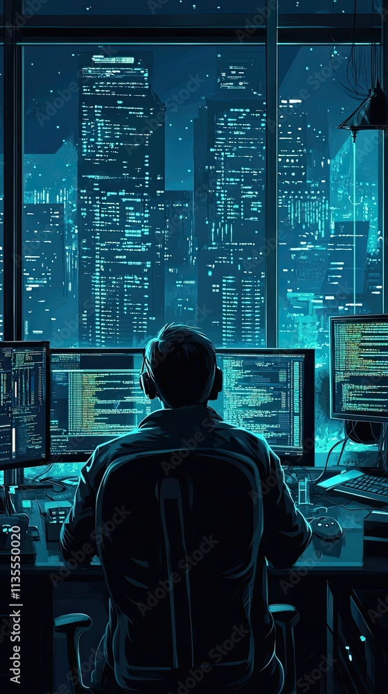 Aufkleber night city programmer works late coding at desk