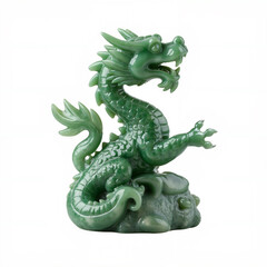 Green jade stone sculpted statue of a Chinese dragon - isolated on white background