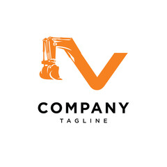 Letter V Hydraulic Mining Excavator Logo Icon Vector