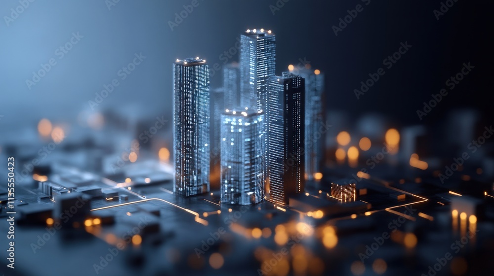 Poster Futuristic Cityscape Model with Glowing Structures and Circuit Board Design, Representing Technology and Innovation in Urban Development