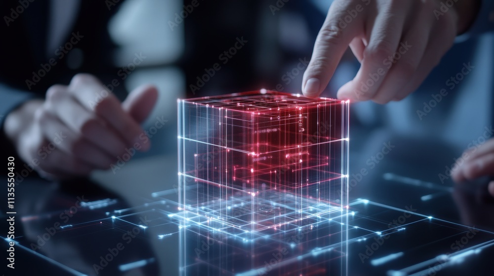 Poster Futuristic Hands Interacting with 3D Cube Visualization in Digital Workspace, Representing Data Analysis and Innovative Technology Concepts