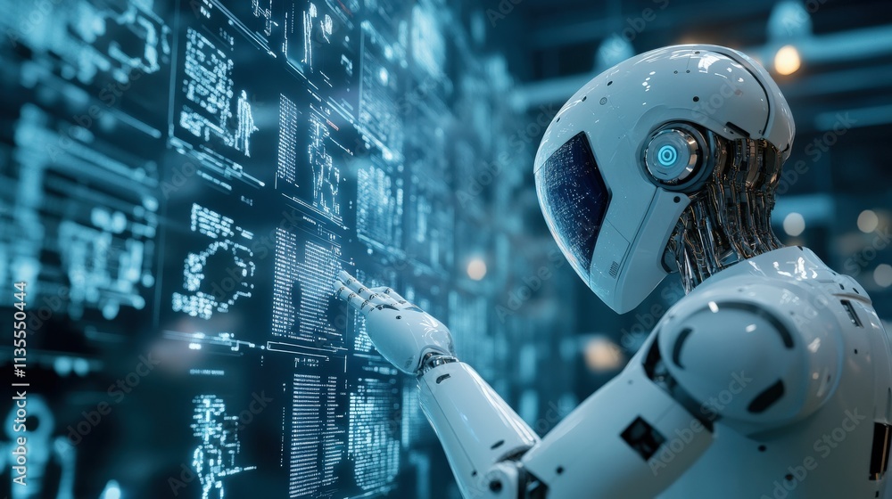 Aufkleber Futuristic Robot Analyzing Data on Digital Interface with Displayed Analytics and Visual Graphics in a High-Tech Environment