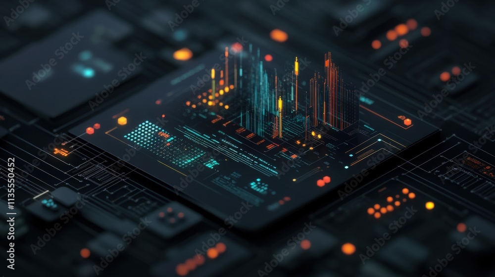 Poster Abstract Digital Data Visualization on a Circuit Board with Colorful Graphs and Lines Featuring Modern Technology Elements and Futuristic Design Focused on Data Analysis