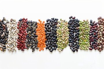Colorful Arrangement of Various Fresh Legumes Neatly Organized on a White Background for Culinary and Health-Related Purposes