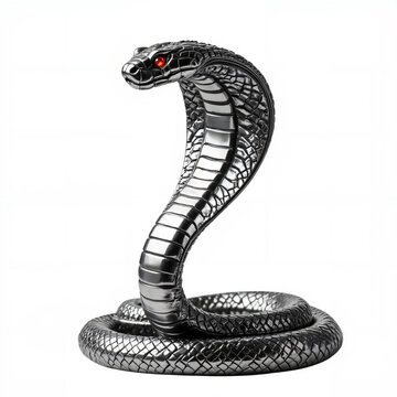Cobra snake statue with ruby red gemstone eyes made from oxidized silver metal - isolated on white background