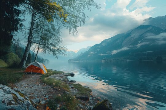 Detailed Color Image of Camping on the Shore of a Lake with Mountain View - Powered by Adobe