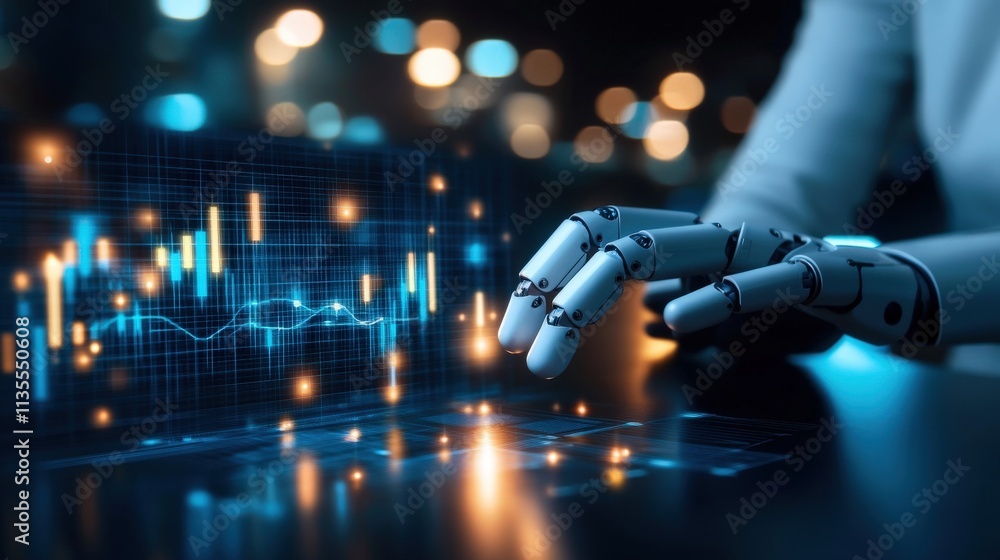 Poster Futuristic Robotic Hand Interacting with Digital Data Visualization in an Advanced Technological Environment