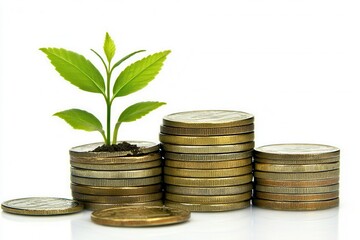 Growing Plant on Stacked Coins Symbolizing Economy