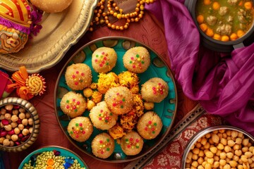 Colorful Festive Plate Setup with Traditional Sweets and Snacks for Celebrations, Showcasing an Inviting Top View of a Joyful Gathering
