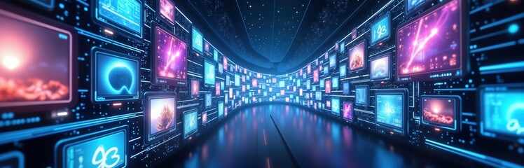 Futuristic digital tunnel with glowing screens displaying diverse info. Vortex of data streams in vibrant blues and purples. Immersive tech visual. No people present. Shows future info highway.