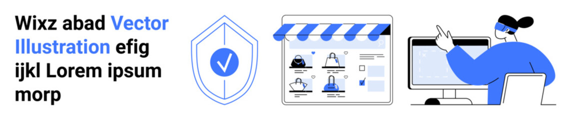 Shield emblem with checkmark, online store interface with product thumbnails, magnifying glass, and person analyzing data on screen. Ideal for e-commerce, security, web design, user review, data