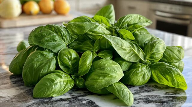 Fresh basil leaves arranged on a kitchen countertop with background ingredients in preparation for a meal