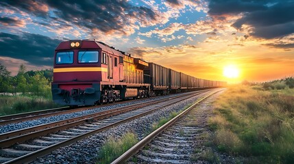 Obraz premium Freight train at sunset. Concept of transportation, logistics, and cargo.