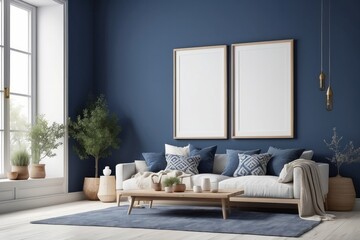 home interior, scandi-Boho style, blank poster frame, window, Indigo wall background