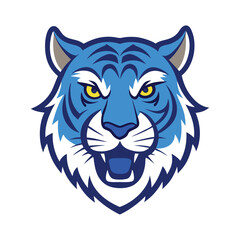 A striking blue royal Bengal tiger head mascot logo, featuring bold lines, fierce expression, and vibrant colors that represent power, agility, and strength in a modern design.