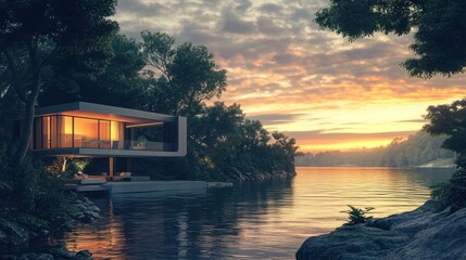 Fototapeta premium Serene Lakeside Modern House at Sunset
