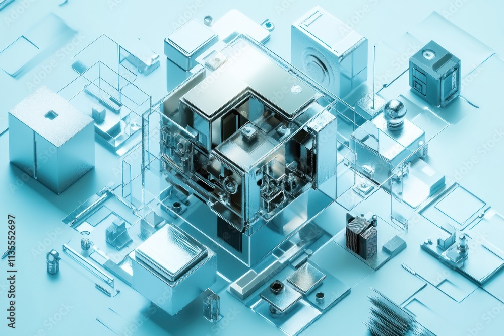 Poster abstract metallic cube with internal components and surrounding technological elements on light blue