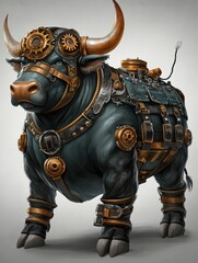 Steampunk-inspired mechanical bull with intricate gears, brass details, and a futuristic design. The concept blends industrial aesthetics with imaginative creativity, AI