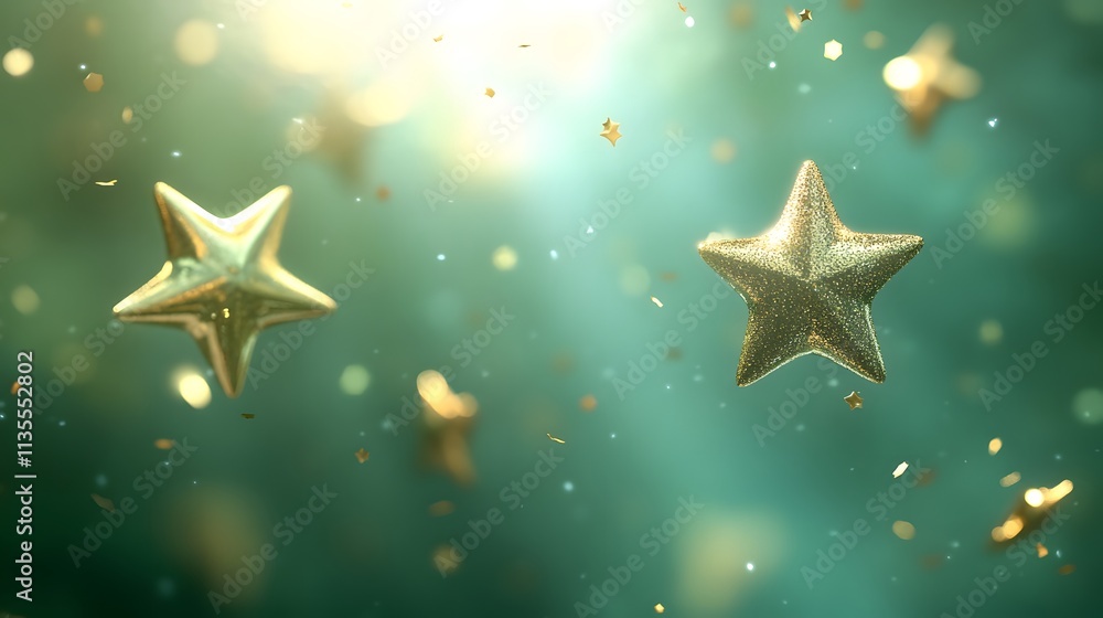 Poster a dreamy scene featuring floating golden stars and shimmering particles in a soft light.