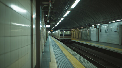 Subway train approaches a platform at a busy underground station in the evening