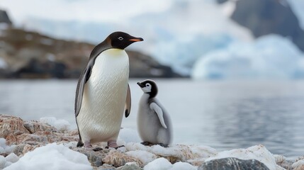 Fototapeta premium Adélie penguin and chick in antarctic landscape: a glimpse of polar wildlife