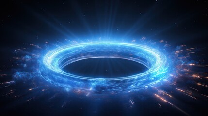 A circular blue portal with a vibrant neon glow, emitting soft light beams and surrounded by small energy particles floating around the edges