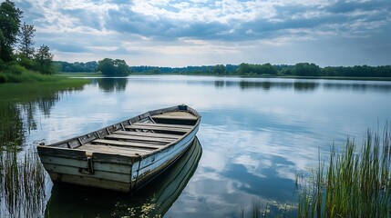 Obraz premium Tranquil lake scene with old wooden boat. Concept of peace, serenity, and nature.