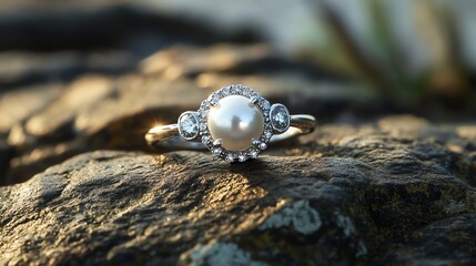 Elegant pearl ring on textured stone surface.
