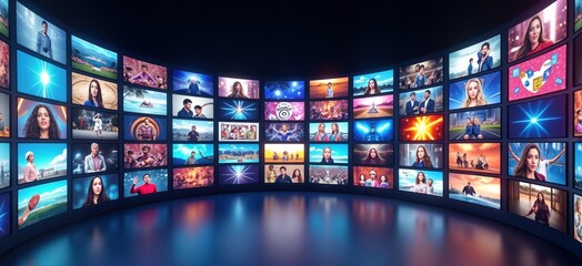 Multimedia streaming wall displays vibrant channel images. Abstract entertainment tech background shows various scenes. Colorful screens show people. Modern, futuristic design. Wall of moving images