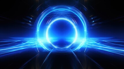 Obraz premium A bright blue light portal with a neon glow, featuring cascading light trails and abstract energy waves that give
