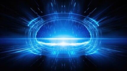 Fototapeta premium A bright blue light portal with a neon glow, featuring cascading light trails and abstract energy waves that give