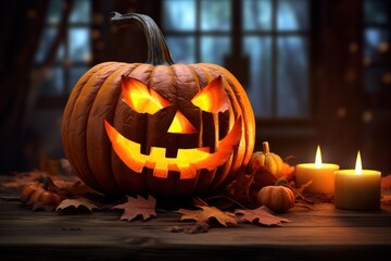 A carved pumpkin with a menacing grin and glowing eyes sitting on a wooden table surrounded