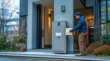 宅配ボックスに荷物を入れる配達員