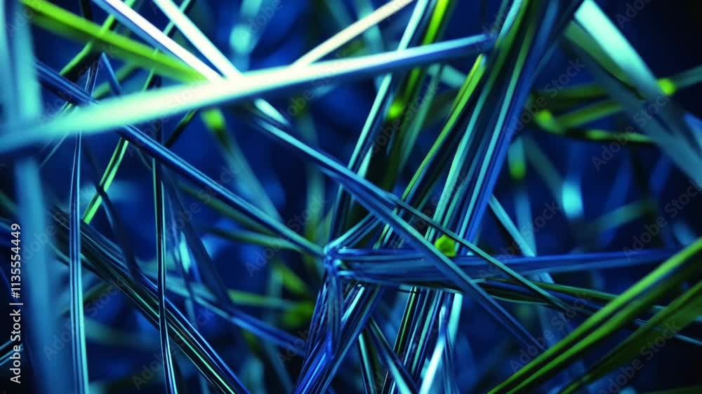 Poster abstract close-up of intertwining blue and green strands creating a dynamic visual texture in a dark