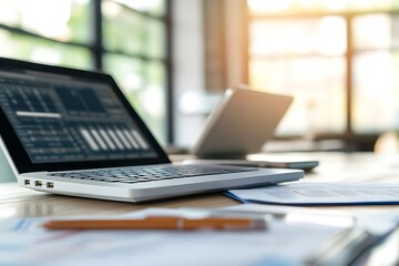 Modern workspace with laptop and documents. Concept of business, productivity, and technology.