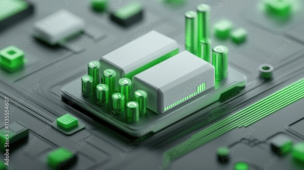 Poster green circuit board with neon components representing technology and innovation in the modern digita