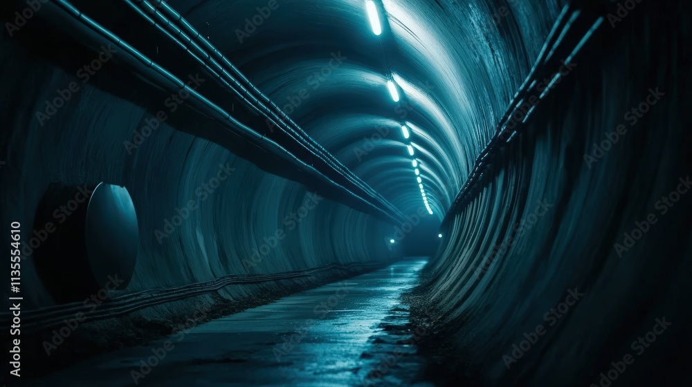 Poster a mysterious underground tunnel with smooth curved walls and dim lighting, perfect for evoking a sen