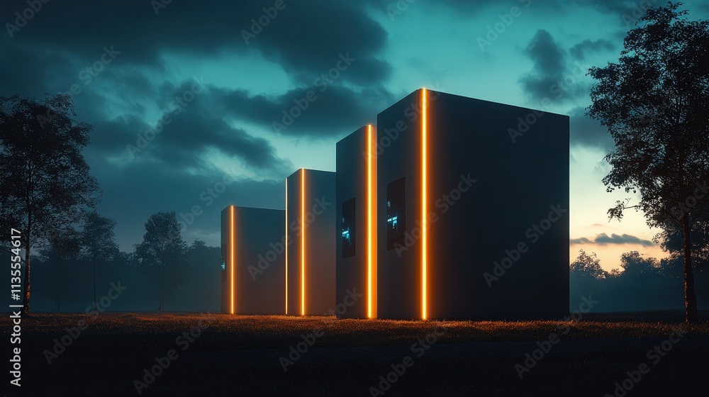 Poster Modern Architectural Structures at Dusk with Illuminated Edges Surrounded by Trees and Dramatic Cloudy Sky in a Peaceful Landscape